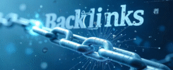 Banner con íconos de enlaces y gráfico de crecimiento representando backlinks para SEO y marketing digital.