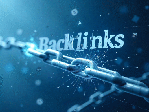 Banner con íconos de enlaces y gráfico de crecimiento representando backlinks para SEO y marketing digital.